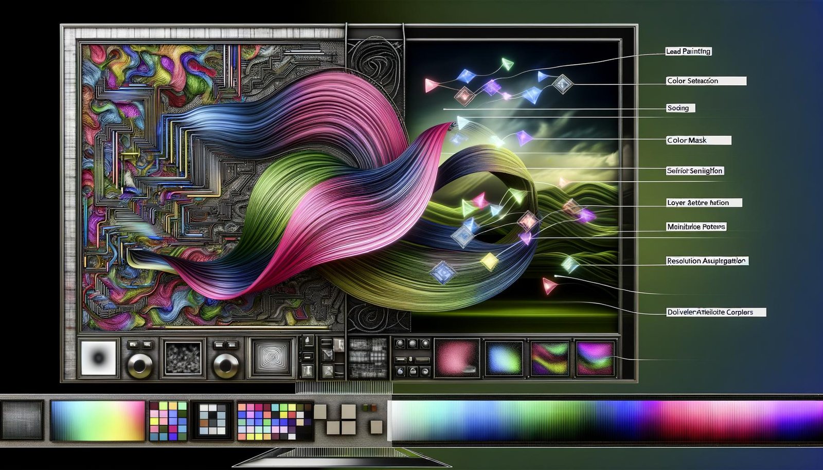 Digitale, hyperdetaillierte Illustration eines High-Tech-Fotobearbeitungs-Workspaces mit Vorher/Nachher-Split, KI-Netzlinien, Diffusionsmustern, Overlays für Inpainting, Segment Anything und Upscaling, leuchtenden GPU-Chips sowie Workflow-Panel (RAW, Mask, ControlNet, Seed, Export).