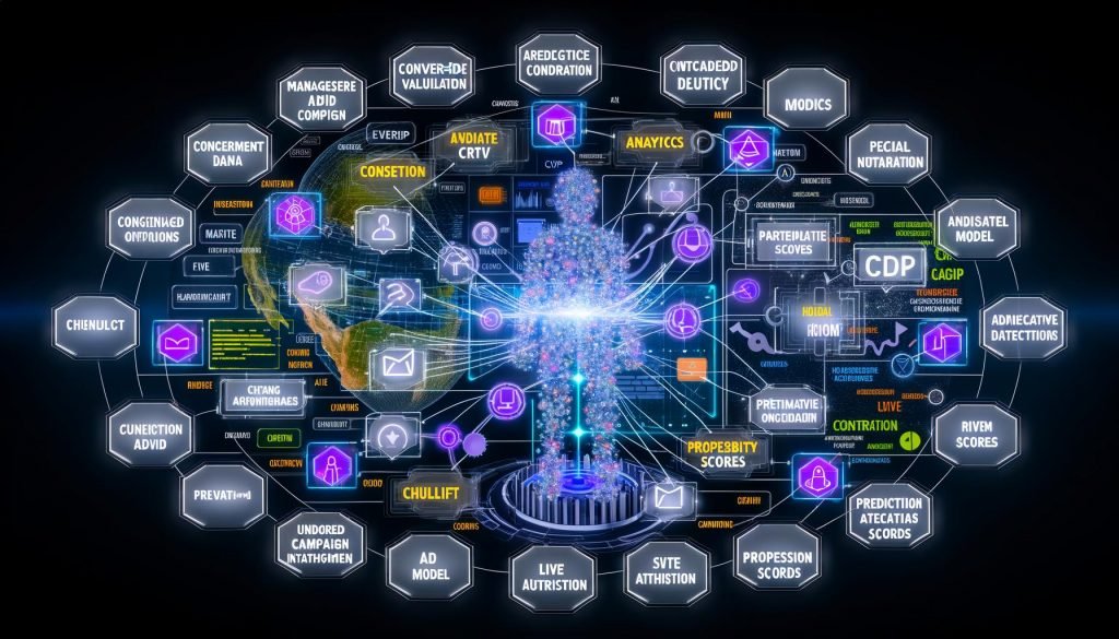 Interaktives MarTech-Dashboard mit Knowledge Graph für CDP, CRM, Analytics und Ad-Netzwerke; Echtzeit-Daten, Privacy-Checks, KPIs/LTV und KI-Modelle orchestrieren E-Mail, Social Ads, Push und Onsite.