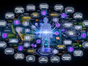 Interaktives MarTech-Dashboard mit Knowledge Graph für CDP, CRM, Analytics und Ad-Netzwerke; Echtzeit-Daten, Privacy-Checks, KPIs/LTV und KI-Modelle orchestrieren E-Mail, Social Ads, Push und Onsite.