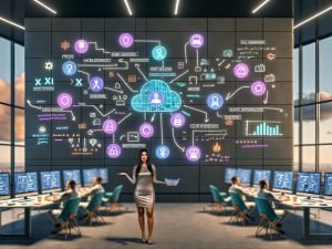 Offenes, modernes Büro: Frau präsentiert KI-Strategie; Displays zeigen Workflows, Karrierepfade, Code, KPI-/Compliance-Dashboards sowie LangChain und Pinecone.