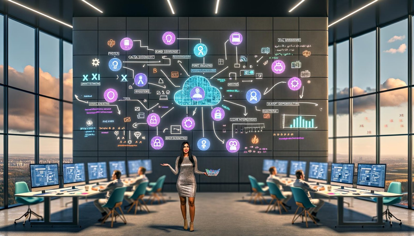 Offenes, modernes Büro: Frau präsentiert KI-Strategie; Displays zeigen Workflows, Karrierepfade, Code, KPI-/Compliance-Dashboards sowie LangChain und Pinecone.
