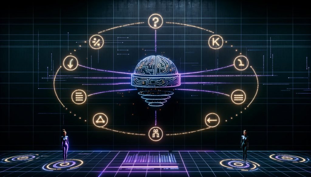 Futuristische KI-Suchoberfläche auf dunklem Verlauf: neonleuchtendes Gehirn verknüpft Google SGE, Bing, Perplexity, Gemini und ChatGPT; klassische Links weichen Antwortblöcken mit Quellen; Marketer analysieren Dashboards mit AI Citations, Recall@k und Zero‑Click KPI; Symbole für Sicherheit, Compliance und Markensicherheit.