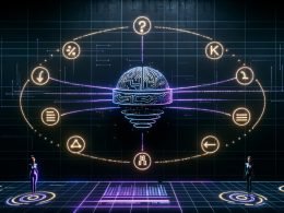 Futuristische KI-Suchoberfläche auf dunklem Verlauf: neonleuchtendes Gehirn verknüpft Google SGE, Bing, Perplexity, Gemini und ChatGPT; klassische Links weichen Antwortblöcken mit Quellen; Marketer analysieren Dashboards mit AI Citations, Recall@k und Zero‑Click KPI; Symbole für Sicherheit, Compliance und Markensicherheit.