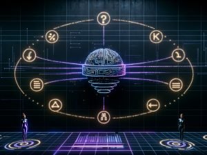 Futuristische KI-Suchoberfläche auf dunklem Verlauf: neonleuchtendes Gehirn verknüpft Google SGE, Bing, Perplexity, Gemini und ChatGPT; klassische Links weichen Antwortblöcken mit Quellen; Marketer analysieren Dashboards mit AI Citations, Recall@k und Zero‑Click KPI; Symbole für Sicherheit, Compliance und Markensicherheit.