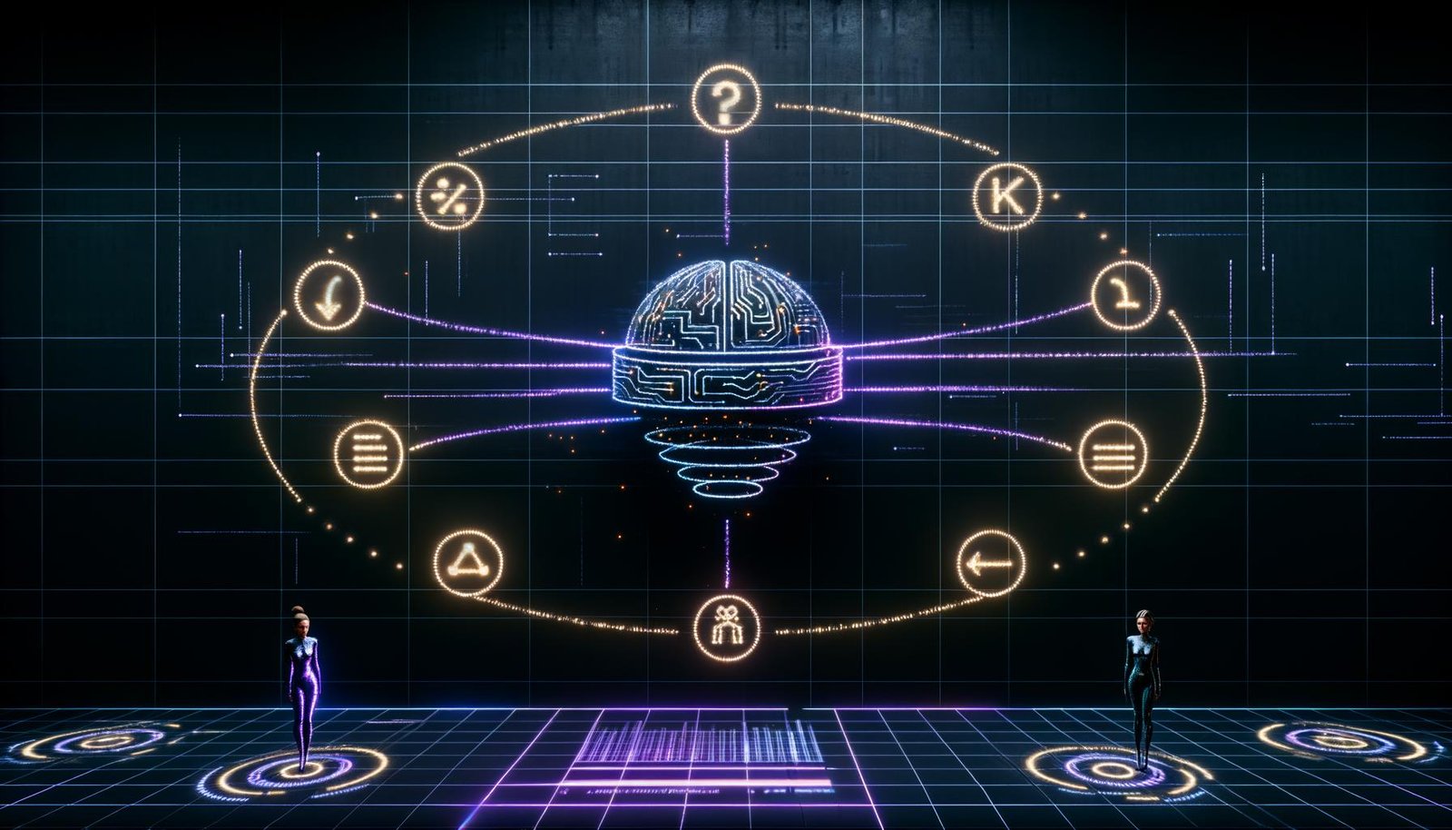 Futuristische KI-Suchoberfläche auf dunklem Verlauf: neonleuchtendes Gehirn verknüpft Google SGE, Bing, Perplexity, Gemini und ChatGPT; klassische Links weichen Antwortblöcken mit Quellen; Marketer analysieren Dashboards mit AI Citations, Recall@k und Zero‑Click KPI; Symbole für Sicherheit, Compliance und Markensicherheit.