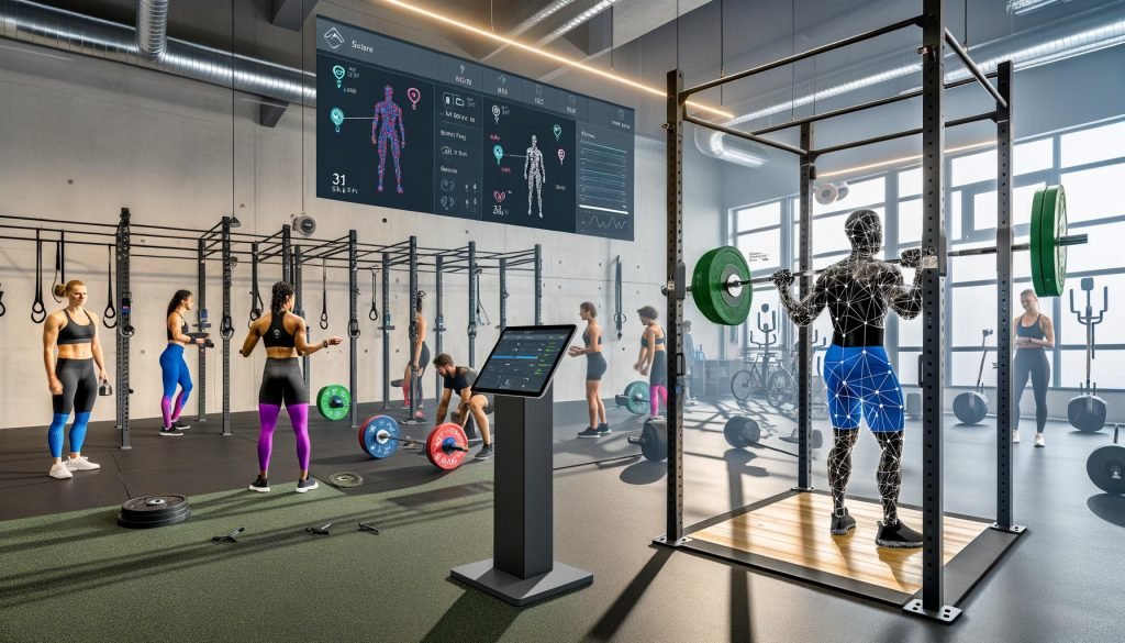 Modernes Fitnessstudio in Duisburg mit natürlichem Licht: Sportlerinnen und Sportler verschiedener Hintergründe nutzen High-End-Geräte und Wearables (Smartwatch, Brustgurt, Armband) bei Kniebeugen, Kreuzheben und stationärem Radfahren. Ein großes Tablet zeigt eine KI-Formanalyse mit Strichfiguren; Overlays blenden Herzfrequenz, HRV und VBT ein. Ein Coach prüft Metriken am Laptop; DSGVO-Hinweise sind gut sichtbar.