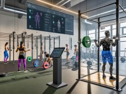 Modernes Fitnessstudio in Duisburg mit natürlichem Licht: Sportlerinnen und Sportler verschiedener Hintergründe nutzen High-End-Geräte und Wearables (Smartwatch, Brustgurt, Armband) bei Kniebeugen, Kreuzheben und stationärem Radfahren. Ein großes Tablet zeigt eine KI-Formanalyse mit Strichfiguren; Overlays blenden Herzfrequenz, HRV und VBT ein. Ein Coach prüft Metriken am Laptop; DSGVO-Hinweise sind gut sichtbar.