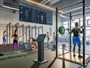 Modernes Fitnessstudio in Duisburg mit natürlichem Licht: Sportlerinnen und Sportler verschiedener Hintergründe nutzen High-End-Geräte und Wearables (Smartwatch, Brustgurt, Armband) bei Kniebeugen, Kreuzheben und stationärem Radfahren. Ein großes Tablet zeigt eine KI-Formanalyse mit Strichfiguren; Overlays blenden Herzfrequenz, HRV und VBT ein. Ein Coach prüft Metriken am Laptop; DSGVO-Hinweise sind gut sichtbar.