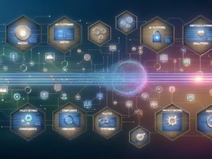 Futuristisches digitales Command Center mit leuchtenden Datenströmen zwischen CDP, Analytics, Ad‑Plattformen und Content‑Systemen; KI‑Knoten, Richtlinien‑UIs und Compliance‑Symbole.