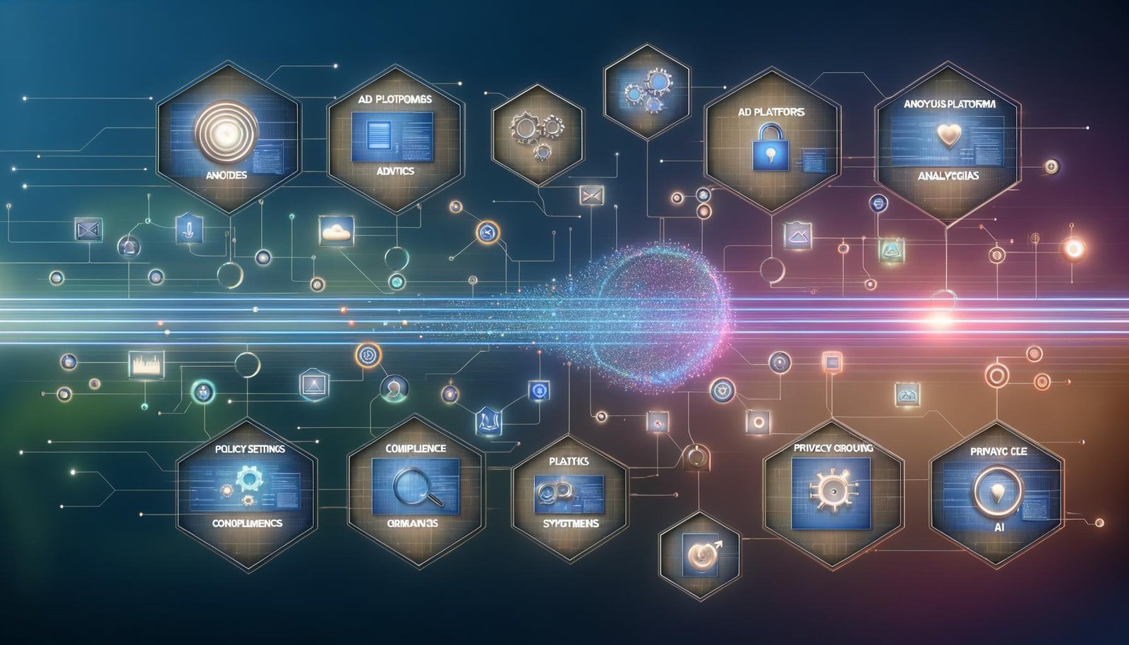 Futuristisches digitales Command Center mit leuchtenden Datenströmen zwischen CDP, Analytics, Ad‑Plattformen und Content‑Systemen; KI‑Knoten, Richtlinien‑UIs und Compliance‑Symbole.