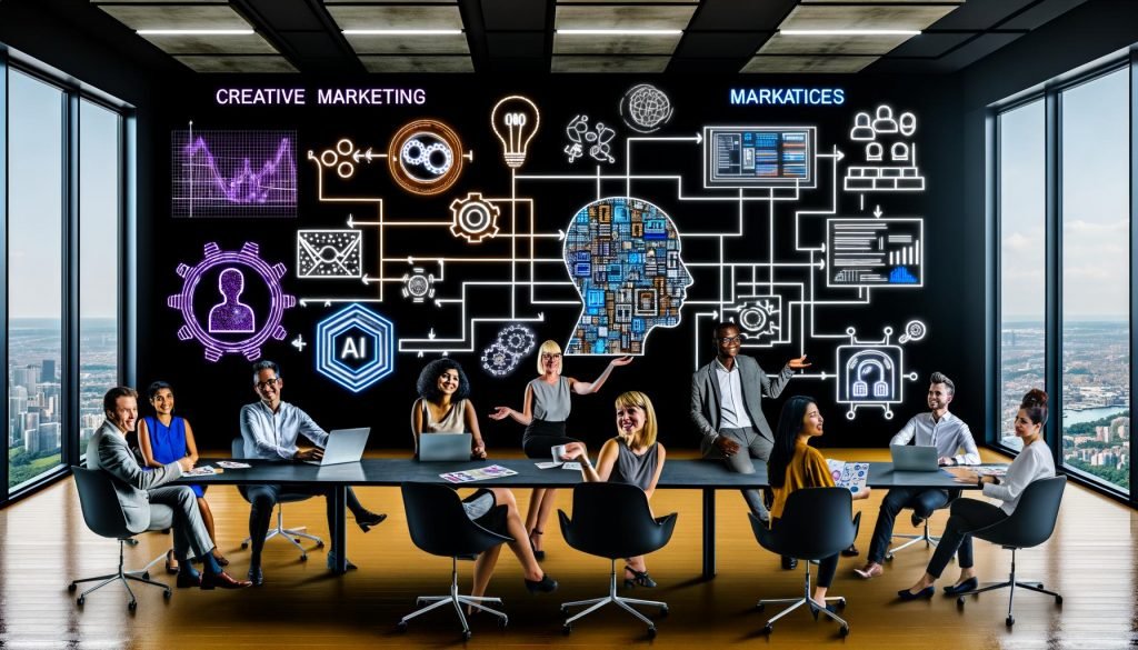 Modernes Büro mit vielfältigem Marketing- und Tech-Team vor digitalem Whiteboard mit Datenflüssen, Flowcharts und Symbolen für KI-Modelle, Vektordatenbanken, Sicherheit und KPIs; holografische Interfaces und neuronale Muster im Hintergrund.