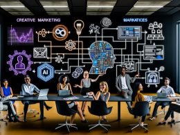 Modernes Büro mit vielfältigem Marketing- und Tech-Team vor digitalem Whiteboard mit Datenflüssen, Flowcharts und Symbolen für KI-Modelle, Vektordatenbanken, Sicherheit und KPIs; holografische Interfaces und neuronale Muster im Hintergrund.