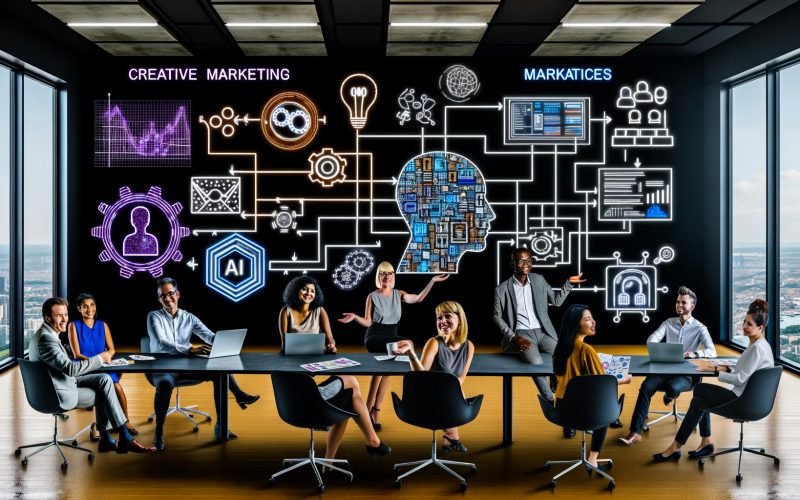 Modernes Büro mit vielfältigem Marketing- und Tech-Team vor digitalem Whiteboard mit Datenflüssen, Flowcharts und Symbolen für KI-Modelle, Vektordatenbanken, Sicherheit und KPIs; holografische Interfaces und neuronale Muster im Hintergrund.