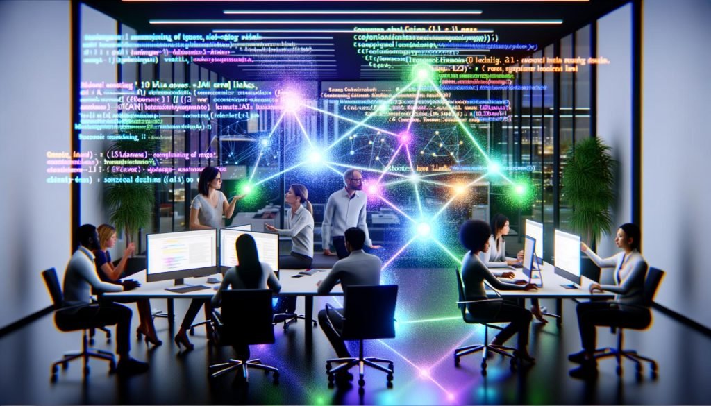 Futuristischer Workspace mit holografischer Suchoberfläche: Marketer, Data Scientists und Entwickler analysieren ‚Share of Answer‘, ‚Citation Quality‘ und ‚Entity Home‘; Knowledge Graph, Vektorräume und Datenknoten visualisiert; LLM-Antwort-Overlays verdrängen die 10 blauen Links; gläsernes Büro mit Pflanzen und digitalem Licht.