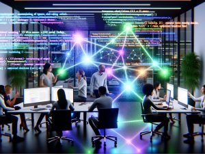 Futuristischer Workspace mit holografischer Suchoberfläche: Marketer, Data Scientists und Entwickler analysieren ‚Share of Answer‘, ‚Citation Quality‘ und ‚Entity Home‘; Knowledge Graph, Vektorräume und Datenknoten visualisiert; LLM-Antwort-Overlays verdrängen die 10 blauen Links; gläsernes Büro mit Pflanzen und digitalem Licht.