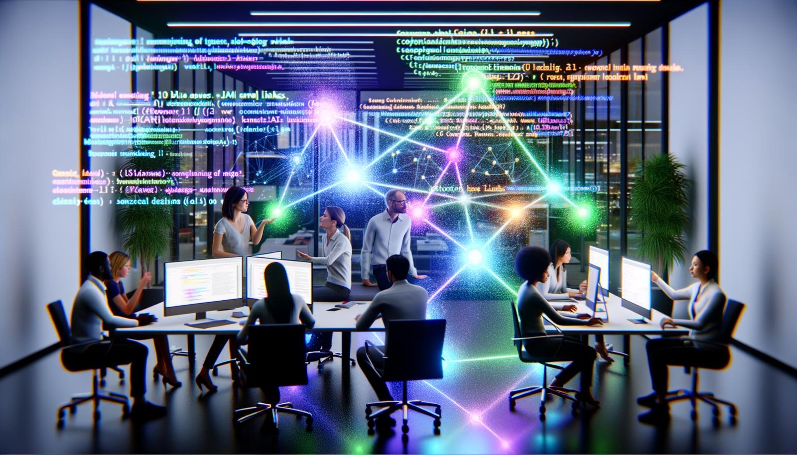 Futuristischer Workspace mit holografischer Suchoberfläche: Marketer, Data Scientists und Entwickler analysieren ‚Share of Answer‘, ‚Citation Quality‘ und ‚Entity Home‘; Knowledge Graph, Vektorräume und Datenknoten visualisiert; LLM-Antwort-Overlays verdrängen die 10 blauen Links; gläsernes Büro mit Pflanzen und digitalem Licht.