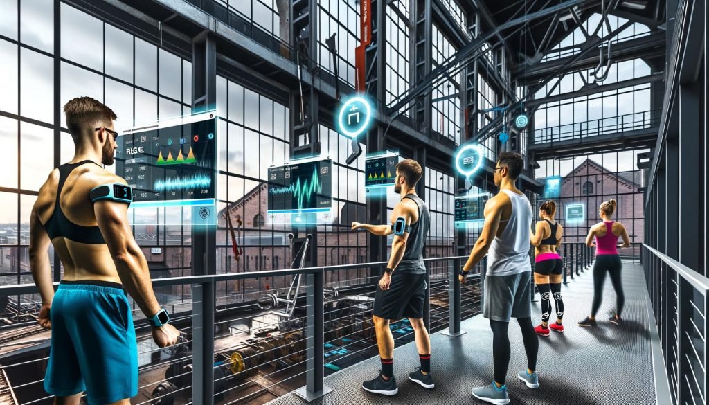 High-Tech-Fitnessstudio in Duisburg mit Stahl-Industriearchitektur; diverse Athleten mit Wearables, transparente Dashboards zu Herzfrequenz, HRV, Velocity und Recovery; Trainer mit Tablets; AR-Overlays korrigieren Squats und Lauftechnik; Innenhafen sichtbar.