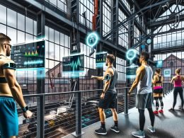 High-Tech-Fitnessstudio in Duisburg mit Stahl-Industriearchitektur; diverse Athleten mit Wearables, transparente Dashboards zu Herzfrequenz, HRV, Velocity und Recovery; Trainer mit Tablets; AR-Overlays korrigieren Squats und Lauftechnik; Innenhafen sichtbar.