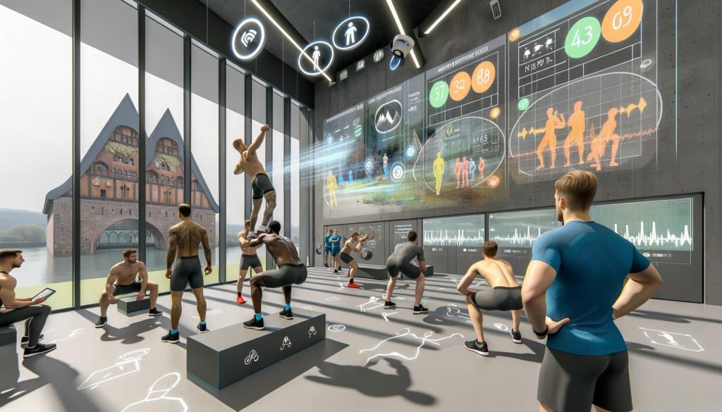 Futuristisches Gym in Koblenz: Coach prüft Tablet‑Visualisierungen; transparente Dashboards mit HRV, Velocity Loss und Fortschritt; Athlet squattet mit Bewegungs‑Overlay.