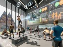 Futuristisches Gym in Koblenz: Coach prüft Tablet‑Visualisierungen; transparente Dashboards mit HRV, Velocity Loss und Fortschritt; Athlet squattet mit Bewegungs‑Overlay.