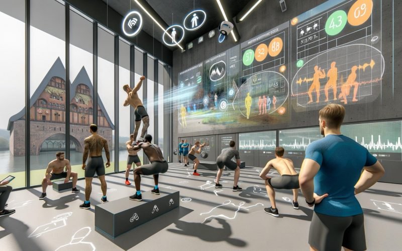 Futuristisches Gym in Koblenz: Coach prüft Tablet‑Visualisierungen; transparente Dashboards mit HRV, Velocity Loss und Fortschritt; Athlet squattet mit Bewegungs‑Overlay.