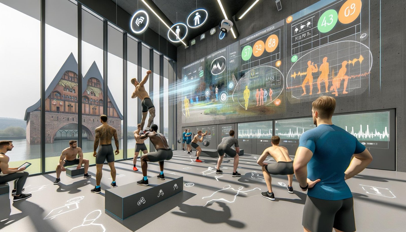 Futuristisches Gym in Koblenz: Coach prüft Tablet‑Visualisierungen; transparente Dashboards mit HRV, Velocity Loss und Fortschritt; Athlet squattet mit Bewegungs‑Overlay.