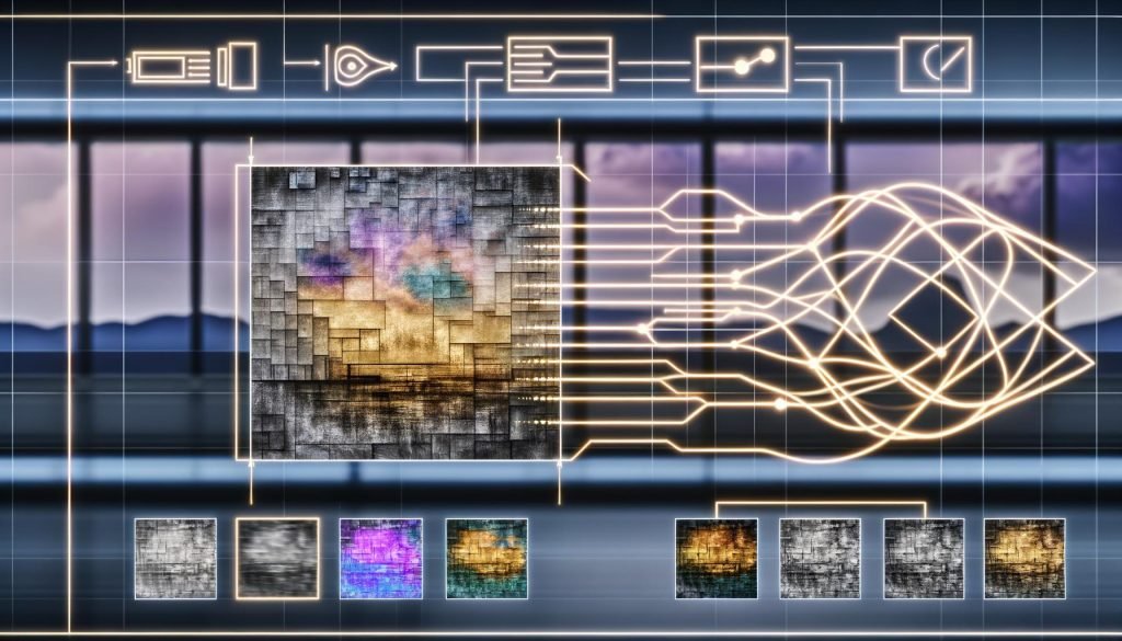 Futuristischer digitaler Workspace in drei Ebenen: links unscharfes, pixeliges Foto; in der Mitte leuchtendes neuronales Netz, das die Schärfung zeigt; rechts plakatgroße, hyperdetaillierte Version. Overlays zu ESRGAN, SwinIR, GFPGAN, sRGB/P3, Bit-Tiefe, LPIPS und SSIM; Stadtblick im Hintergrund.
