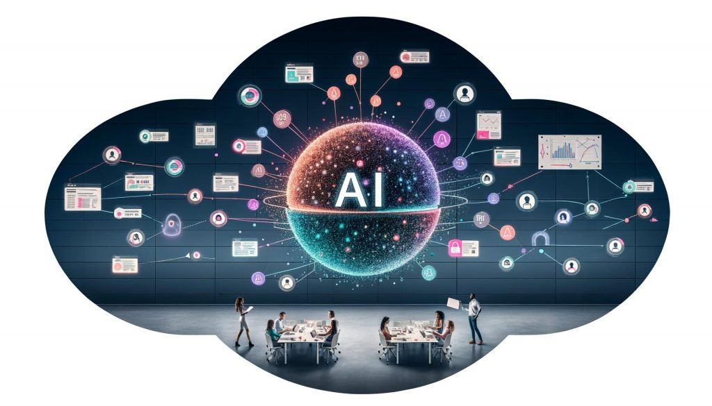 Modernes Marketing-Office als Infografik: Leuchtender AI-Kern („Fiete AI“) mit Feedback-Loops, strukturierten Dashboards und Datenströmen aus Google Ads, Analytics, CRM und DWH.