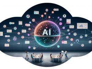 Modernes Marketing-Office als Infografik: Leuchtender AI-Kern („Fiete AI“) mit Feedback-Loops, strukturierten Dashboards und Datenströmen aus Google Ads, Analytics, CRM und DWH.