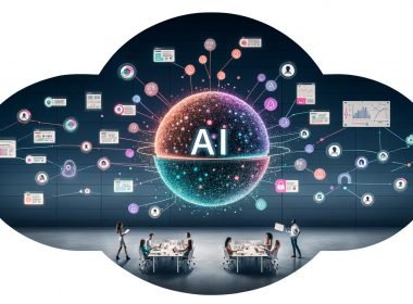 Modernes Marketing-Office als Infografik: Leuchtender AI-Kern („Fiete AI“) mit Feedback-Loops, strukturierten Dashboards und Datenströmen aus Google Ads, Analytics, CRM und DWH.