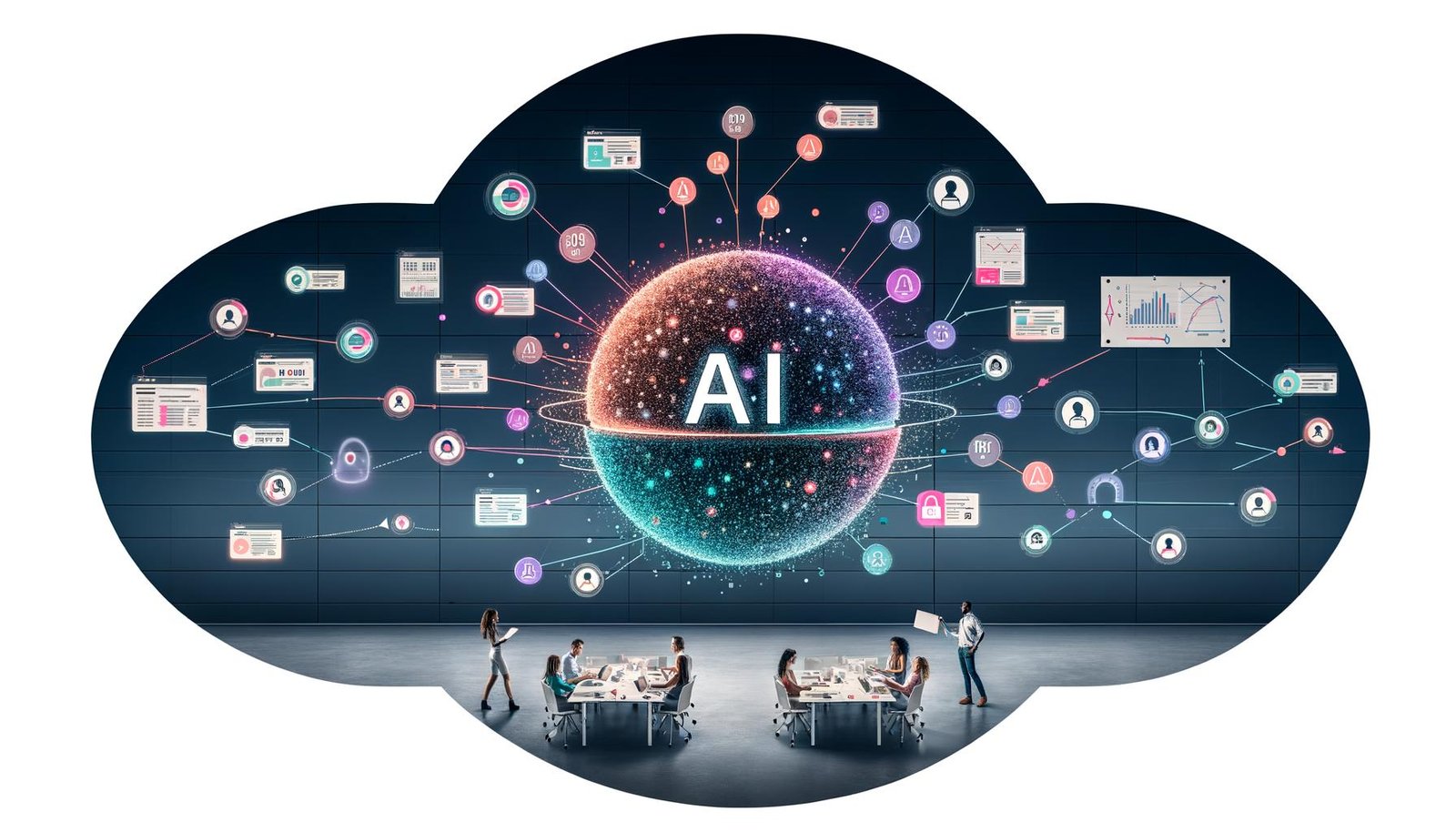 Modernes Marketing-Office als Infografik: Leuchtender AI-Kern („Fiete AI“) mit Feedback-Loops, strukturierten Dashboards und Datenströmen aus Google Ads, Analytics, CRM und DWH.