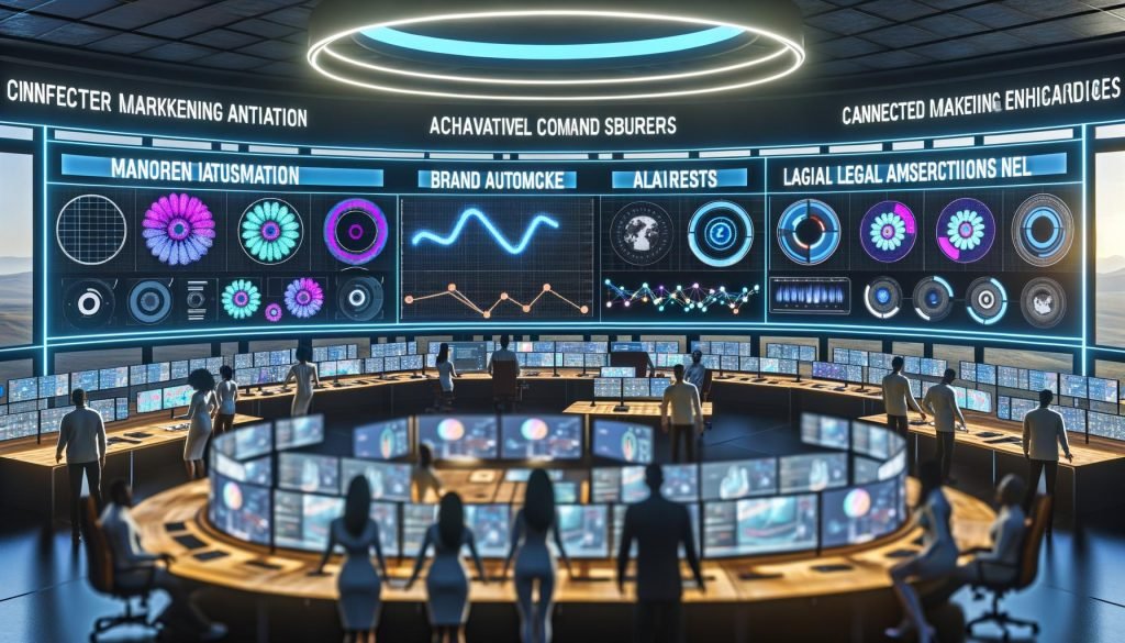 Futuristischer Marketing-Kontrollraum mit KI-Interfaces, 3D-Produktmodellen, Echtzeit-Dashboards, Datenströmen, A/B-Tests und Prozessautomatisierung.