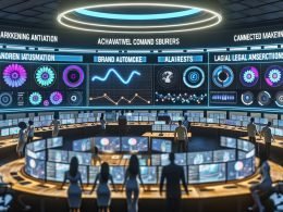 Futuristischer Marketing-Kontrollraum mit KI-Interfaces, 3D-Produktmodellen, Echtzeit-Dashboards, Datenströmen, A/B-Tests und Prozessautomatisierung.