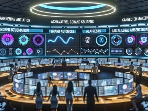 Futuristischer Marketing-Kontrollraum mit KI-Interfaces, 3D-Produktmodellen, Echtzeit-Dashboards, Datenströmen, A/B-Tests und Prozessautomatisierung.