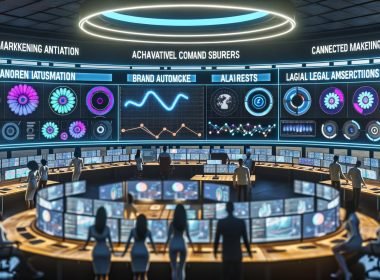 Futuristischer Marketing-Kontrollraum mit KI-Interfaces, 3D-Produktmodellen, Echtzeit-Dashboards, Datenströmen, A/B-Tests und Prozessautomatisierung.