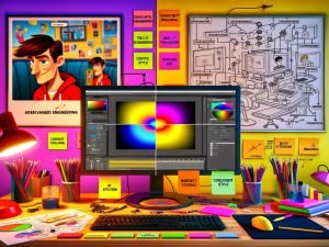 High-Tech-Arbeitsplatz mit großem Monitor: Split-Screen vom blassen Stockfoto zum leuchtenden Vektor-Cartoon; KI-Pipeline, Mockups und Moodboard sichtbar.