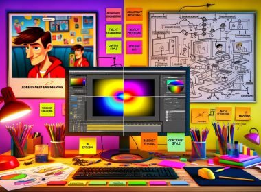 High-Tech-Arbeitsplatz mit großem Monitor: Split-Screen vom blassen Stockfoto zum leuchtenden Vektor-Cartoon; KI-Pipeline, Mockups und Moodboard sichtbar.