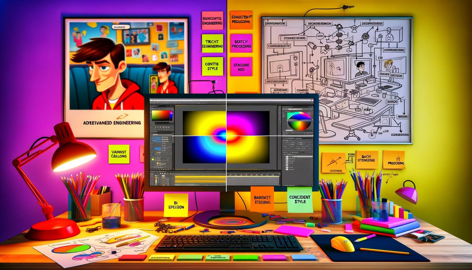 High-Tech-Arbeitsplatz mit großem Monitor: Split-Screen vom blassen Stockfoto zum leuchtenden Vektor-Cartoon; KI-Pipeline, Mockups und Moodboard sichtbar.