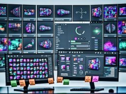 Moderner digitaler Arbeitsplatz mit mehreren Bildschirmen: UIs zur KI-Bildgenerierung mit Prompts und Negativ-Prompts, Reglern für CFG Scale, Sampler und Steps; Upscaling und Face-Enhancement aktiv; Notizzettel „Fast“, „Free“, „No Sign-Up“, „Quality“, „Workflow“; Symbole für VRAM, GPU und Datenschutz.