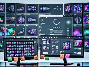 Moderner digitaler Arbeitsplatz mit mehreren Bildschirmen: UIs zur KI-Bildgenerierung mit Prompts und Negativ-Prompts, Reglern für CFG Scale, Sampler und Steps; Upscaling und Face-Enhancement aktiv; Notizzettel „Fast“, „Free“, „No Sign-Up“, „Quality“, „Workflow“; Symbole für VRAM, GPU und Datenschutz.