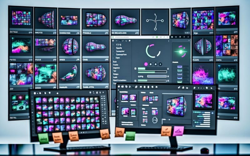 Moderner digitaler Arbeitsplatz mit mehreren Bildschirmen: UIs zur KI-Bildgenerierung mit Prompts und Negativ-Prompts, Reglern für CFG Scale, Sampler und Steps; Upscaling und Face-Enhancement aktiv; Notizzettel „Fast“, „Free“, „No Sign-Up“, „Quality“, „Workflow“; Symbole für VRAM, GPU und Datenschutz.