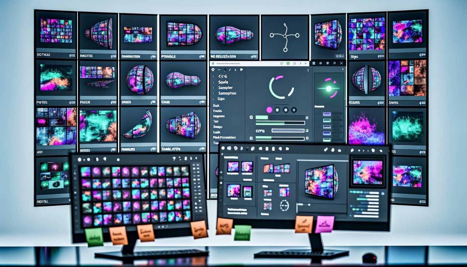 Moderner digitaler Arbeitsplatz mit mehreren Bildschirmen: UIs zur KI-Bildgenerierung mit Prompts und Negativ-Prompts, Reglern für CFG Scale, Sampler und Steps; Upscaling und Face-Enhancement aktiv; Notizzettel „Fast“, „Free“, „No Sign-Up“, „Quality“, „Workflow“; Symbole für VRAM, GPU und Datenschutz.