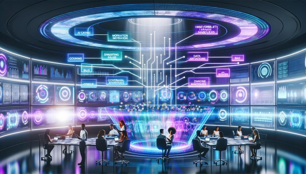 Futuristischer Kontrollraum mit leuchtenden Hologramm‑Dashboards: diverse Marketer, Data Scientists und Engineers koordinieren KI‑Aktivität, RAG‑Architektur, Datenschutz‑Guardrails und Observability; eingeblendete Ads und personalisierte Botschaften, energiegeladene, leicht angespannte Atmosphäre.