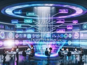Futuristischer Kontrollraum mit leuchtenden Hologramm‑Dashboards: diverse Marketer, Data Scientists und Engineers koordinieren KI‑Aktivität, RAG‑Architektur, Datenschutz‑Guardrails und Observability; eingeblendete Ads und personalisierte Botschaften, energiegeladene, leicht angespannte Atmosphäre.