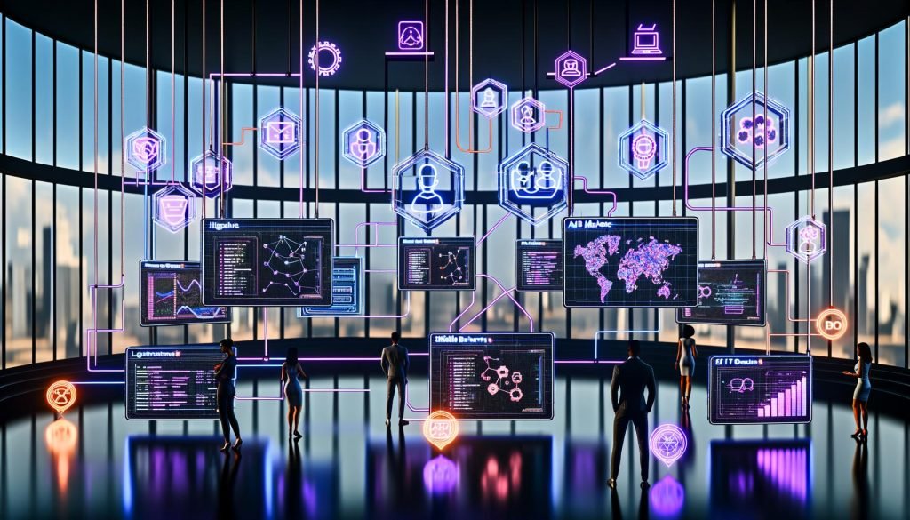 Modernes Digital-Marketing-Command-Center: Team vor großen Displays mit Visualisierungen, Echtzeit-Analytics, API-/Architekturdiagrammen; verbundene LLM-, Vektor-DB- und CRM-Icons; Overlays zu RAG, Compliance, ROI, Conversion Rate und A/B-Tests; neonblau-magentales Licht, UI- und Code-Elemente.