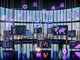 Modernes Digital-Marketing-Command-Center: Team vor großen Displays mit Visualisierungen, Echtzeit-Analytics, API-/Architekturdiagrammen; verbundene LLM-, Vektor-DB- und CRM-Icons; Overlays zu RAG, Compliance, ROI, Conversion Rate und A/B-Tests; neonblau-magentales Licht, UI- und Code-Elemente.