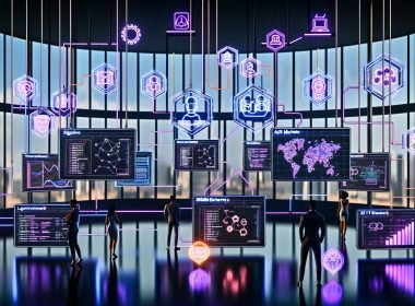 Modernes Digital-Marketing-Command-Center: Team vor großen Displays mit Visualisierungen, Echtzeit-Analytics, API-/Architekturdiagrammen; verbundene LLM-, Vektor-DB- und CRM-Icons; Overlays zu RAG, Compliance, ROI, Conversion Rate und A/B-Tests; neonblau-magentales Licht, UI- und Code-Elemente.