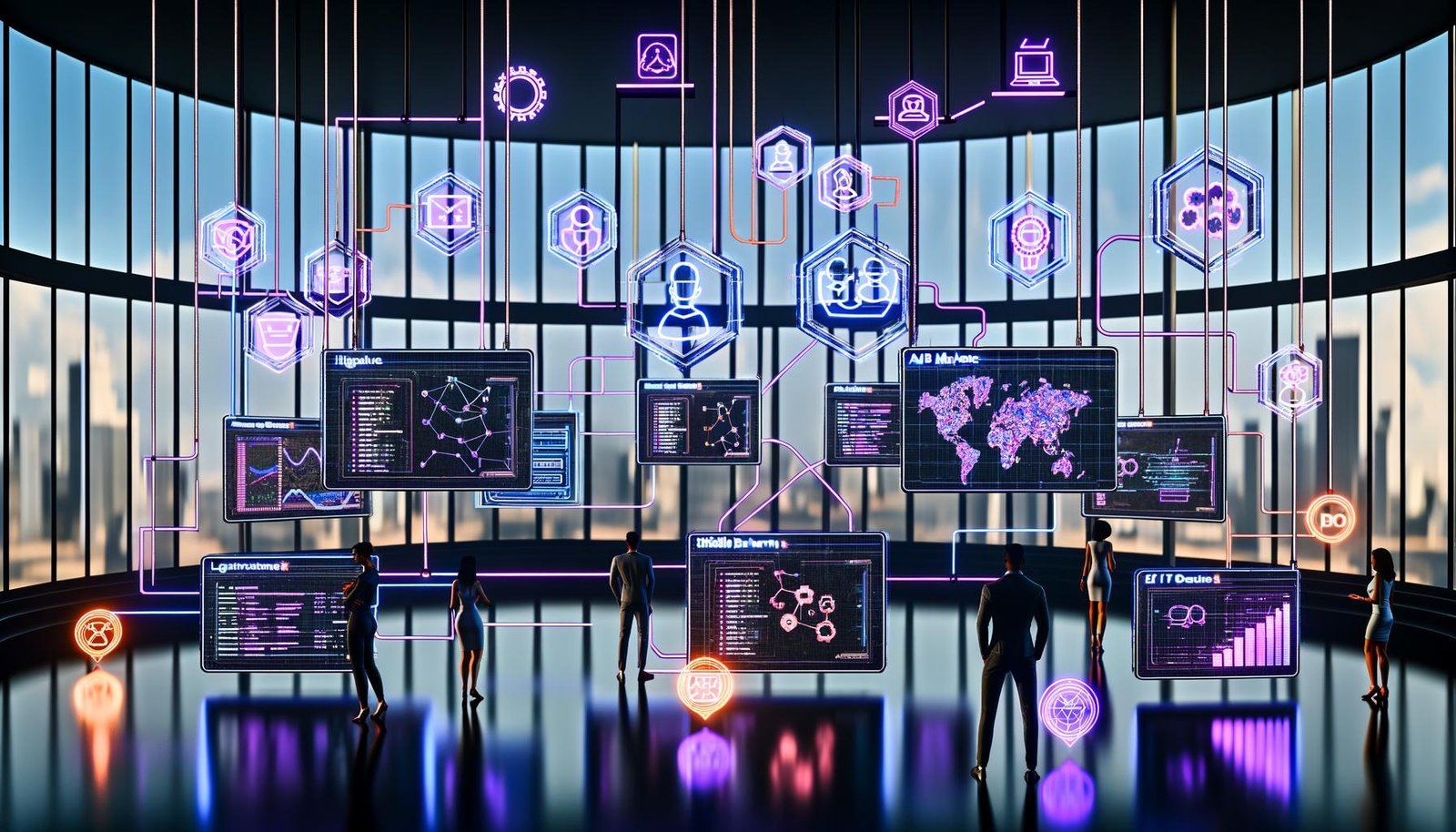 Modernes Digital-Marketing-Command-Center: Team vor großen Displays mit Visualisierungen, Echtzeit-Analytics, API-/Architekturdiagrammen; verbundene LLM-, Vektor-DB- und CRM-Icons; Overlays zu RAG, Compliance, ROI, Conversion Rate und A/B-Tests; neonblau-magentales Licht, UI- und Code-Elemente.