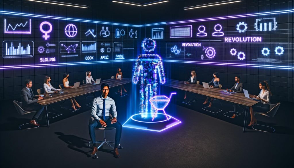 Futuristisches Open-Space-Marketingbüro bei Dämmerung in Blau und Lila: Menschlicher Marketer sitzt einer holografischen, leuchtenden KI gegenüber; dazwischen schweben Metriken, SEO-Graphen und Kampagnen-Dashboards. Im Hintergrund arbeiten Teams an Flowcharts und API-Connectors; Monitore zeigen „Revolution“ und „Assistant“.