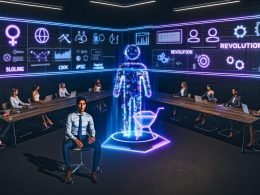 Futuristisches Open-Space-Marketingbüro bei Dämmerung in Blau und Lila: Menschlicher Marketer sitzt einer holografischen, leuchtenden KI gegenüber; dazwischen schweben Metriken, SEO-Graphen und Kampagnen-Dashboards. Im Hintergrund arbeiten Teams an Flowcharts und API-Connectors; Monitore zeigen „Revolution“ und „Assistant“.
